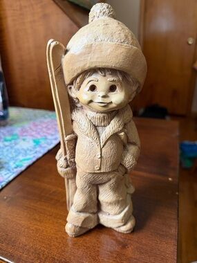 Vintage 1977  Bill Mack Fannykin Racer Skiing Boy Figurine - Tan Ceramic Resin